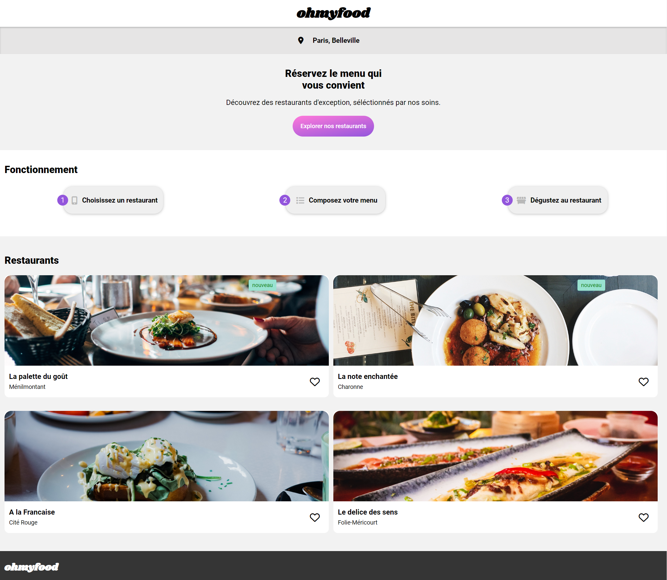 Page d'accueil d'un projet mobile qui propose differents restaurant selon la localisation