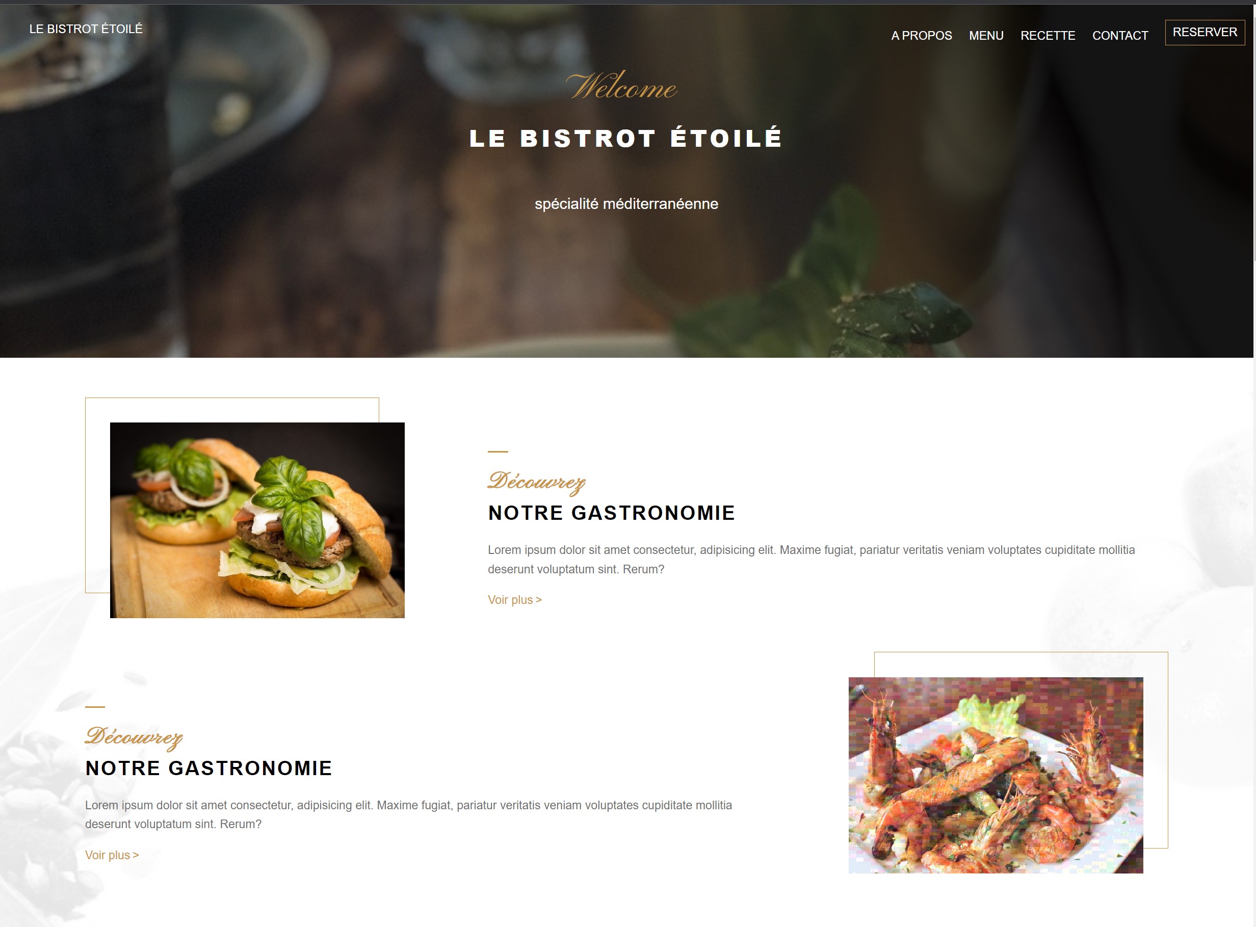 Page d'accueil d'un projet fictif d'une enseigne de restaurant